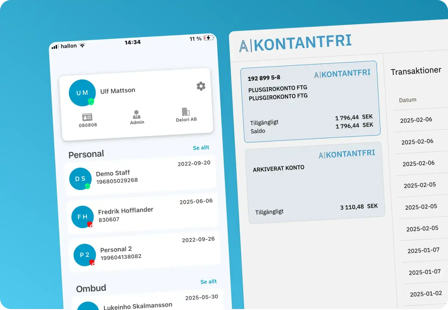 Mobilskärm: Aider Kontantfri app med kontanttransaktioner för brukare